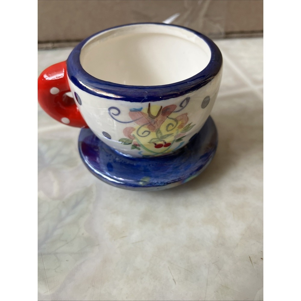 Mary Engelbreit Miniature Tea Cup On Saucer Ornament Luster Polka Dots 2"